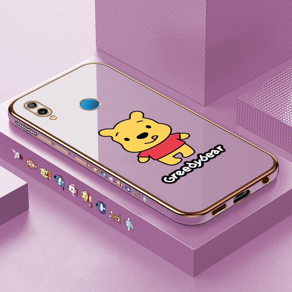 Luxury 6D Plating Case for Huawei P20 Lite Squirming Little Sweet Bear Side Pattern Back Cover Soft Silicone Square Frame Shiny Bling Phone Cases + Free Lanyard