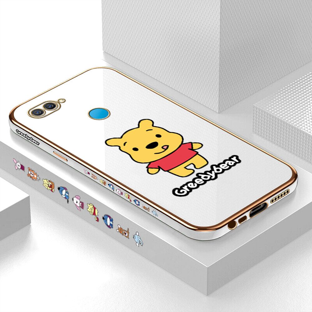 Luxury 6D Plating Case for OPPO A7 Squirming Little Sweet Bear Side Pattern Back Cover Soft Silicone Square Frame Shiny Bling Phone Cases + Free Lanyard