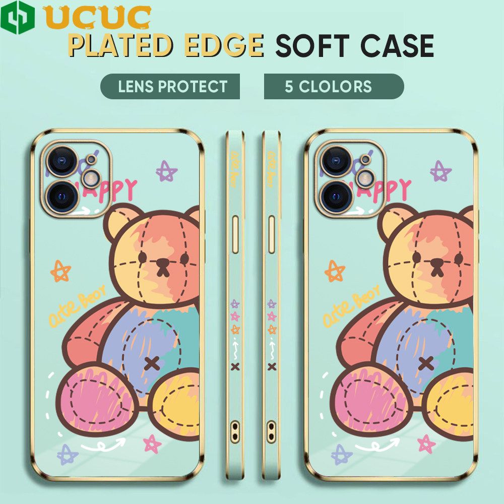 UCUC for iPhone 11 Back Cover + Free Lanyard Colorful Muppet Bear Luxury 6D Plating Case Side Pattern Soft Silicone Square Phone Cases