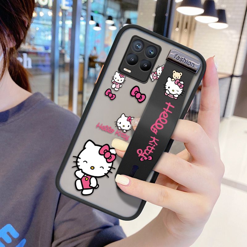 UCUC for Realme 8 Pro Wrist Strap Case Lovely KT Cat Wristband Printing Cover Shockproof Ultra Thin Phone Case