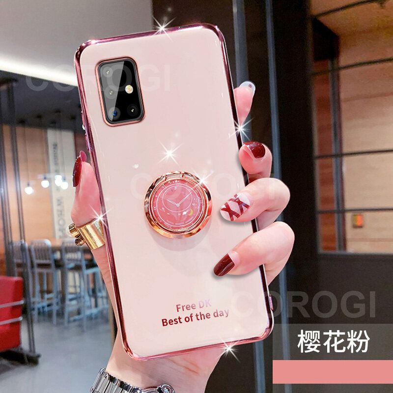 For Samsung Galaxy A71 Cover + Ring Holder Ultra Thin Shiny Plating Bumper Stand Phone Case Soft TPU Silicone Shockproof Protective Back Cover