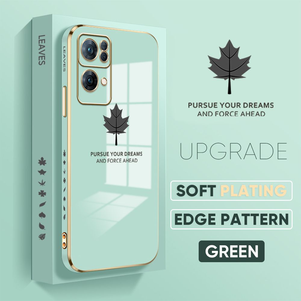 Jizetin (Free Lanyard) OPPO Reno7 Pro 5G Back Cover Maple Leaf Luxury 6D Plating Case Side Pattern Soft Silicone Square Mobile Phone Cases