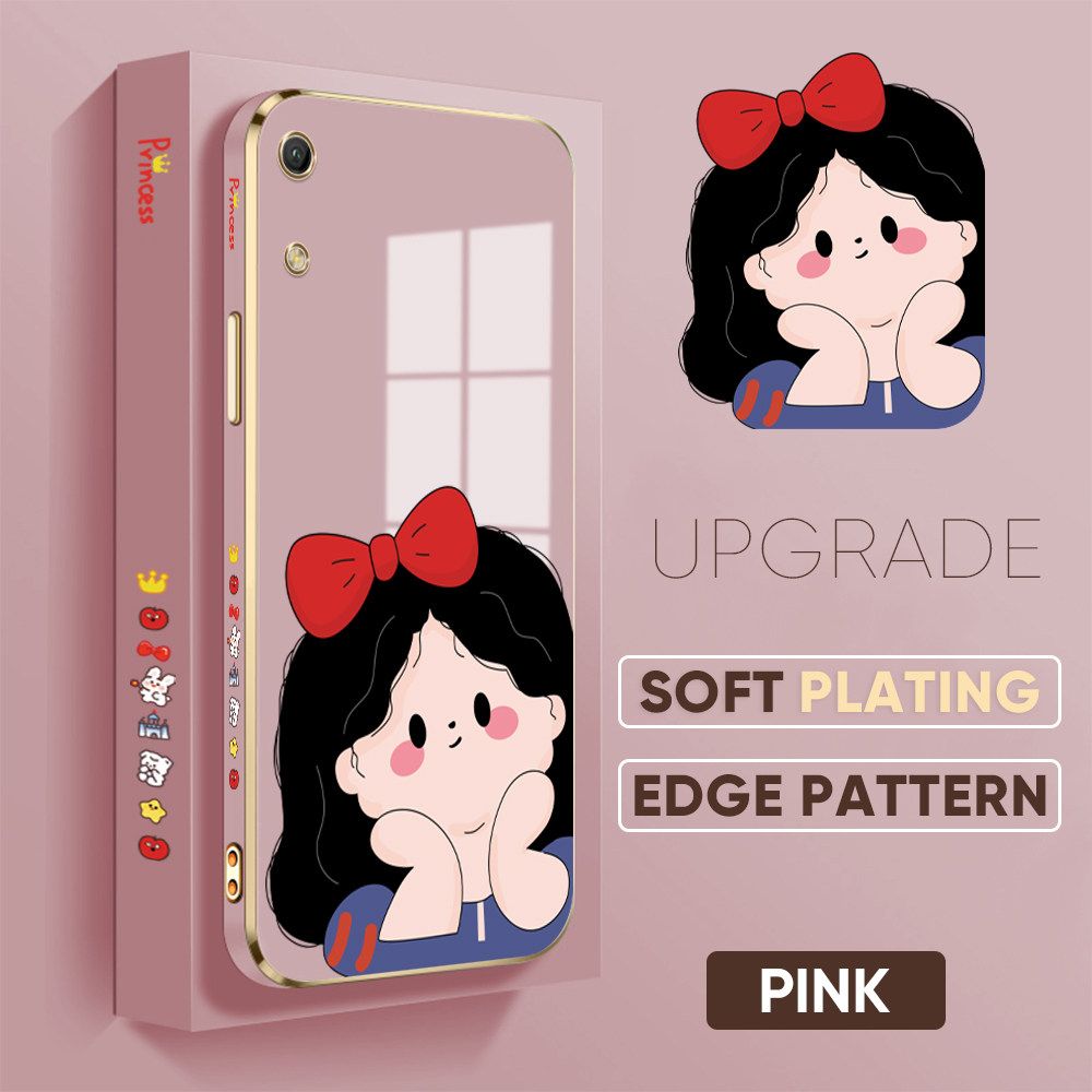 Jizetin (Free Lanyard) Huawei Y6 Pro 2019 Luxury 6D Plating Soft Casing Silicone Square Frame Phone Case Shiny Bling Back Cover Cartoon Cute Girl New design Side Drawing Case