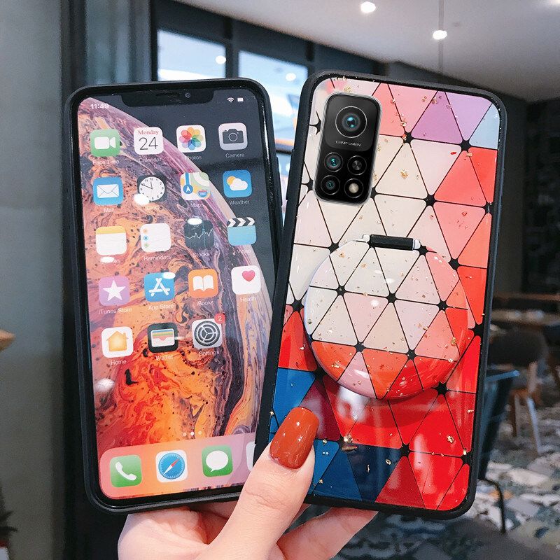Phone case Xiaomi 10T Case Shiny Gold Foil Phone Soft with Strap For Xiaomi Mi 10T Protective Rhombus Geometry Design Case Back Cover with Makeup Mirror