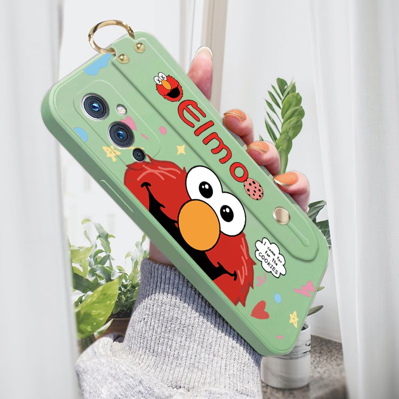 Jizetin for OnePlus 9 Wrist Strap Case Creative Cartoon Red Haired Monster Cover Ultra Thin Anti Fall Liquid Silicone Phone Case