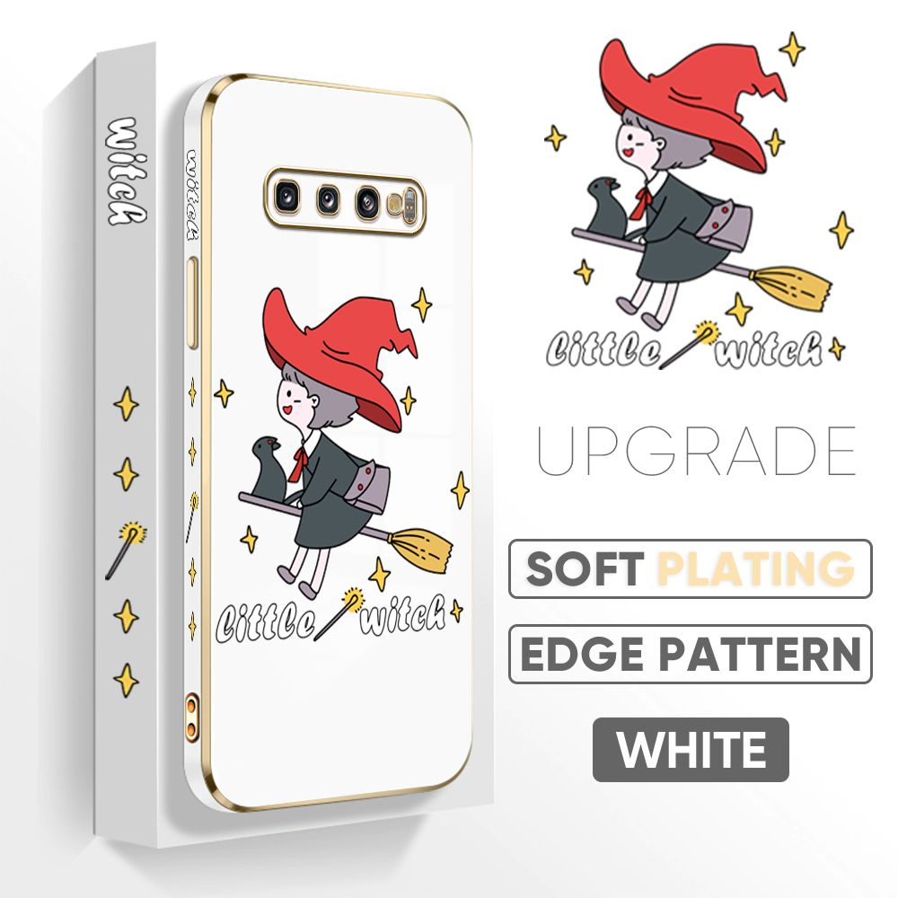 TA for Samsung Galaxy S10 Back Cover + Free Lanyard Flying Witch for Girls Luxury 6D Plating Case Side Pattern Soft Silicone Square Phone Cases