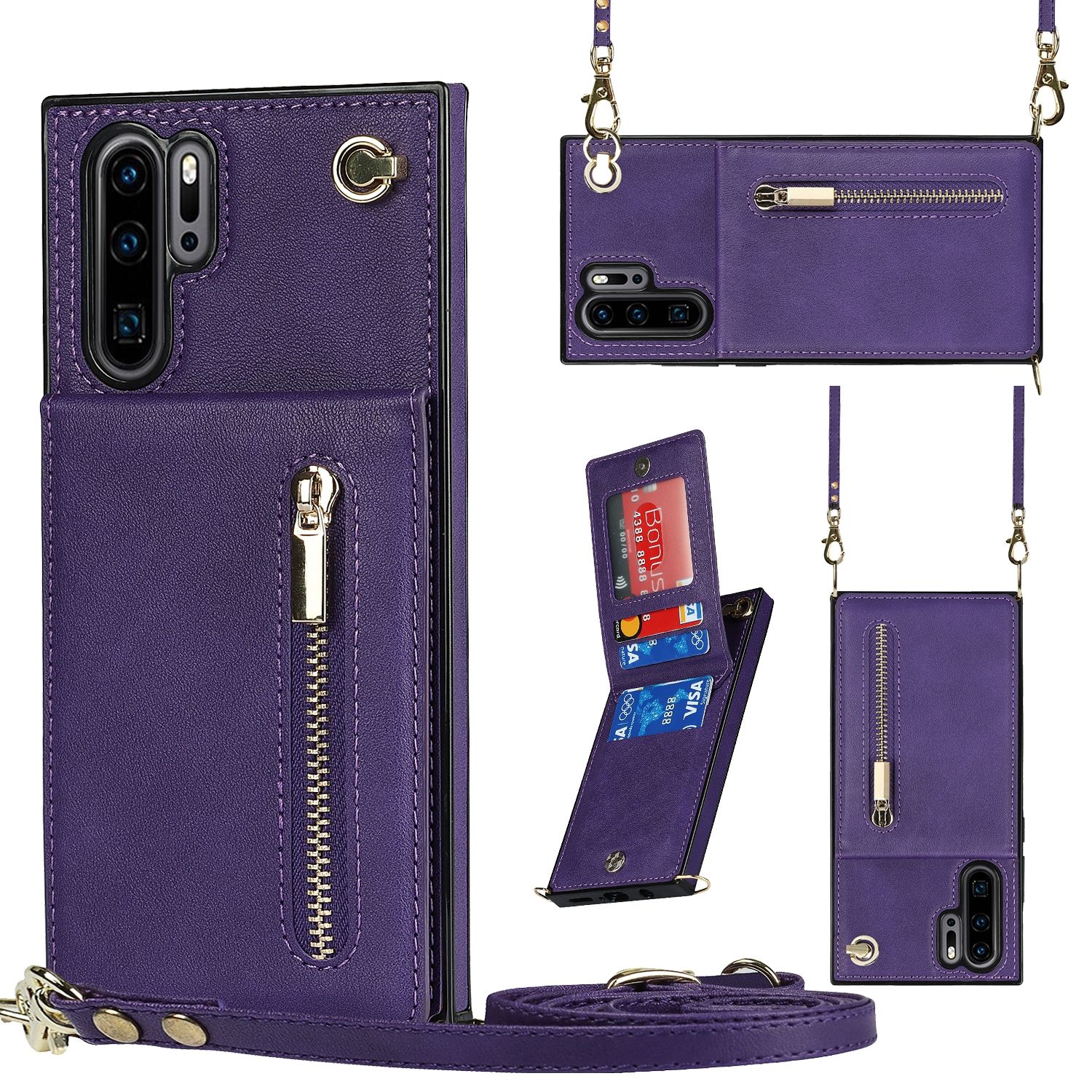 For Huawei P30 Pro Cross-body Zipper Square TPU+PU Back Cover Case with Holder & Card Slots & Wallet & Strap