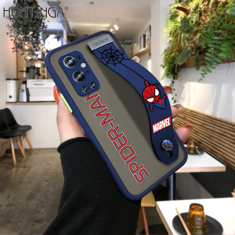 Hontinga for OnePlus 9 Pro Back Cover With Wristband Cartoon Spiderman Phone Casee Full Lens Protection Thin Frosted Cases