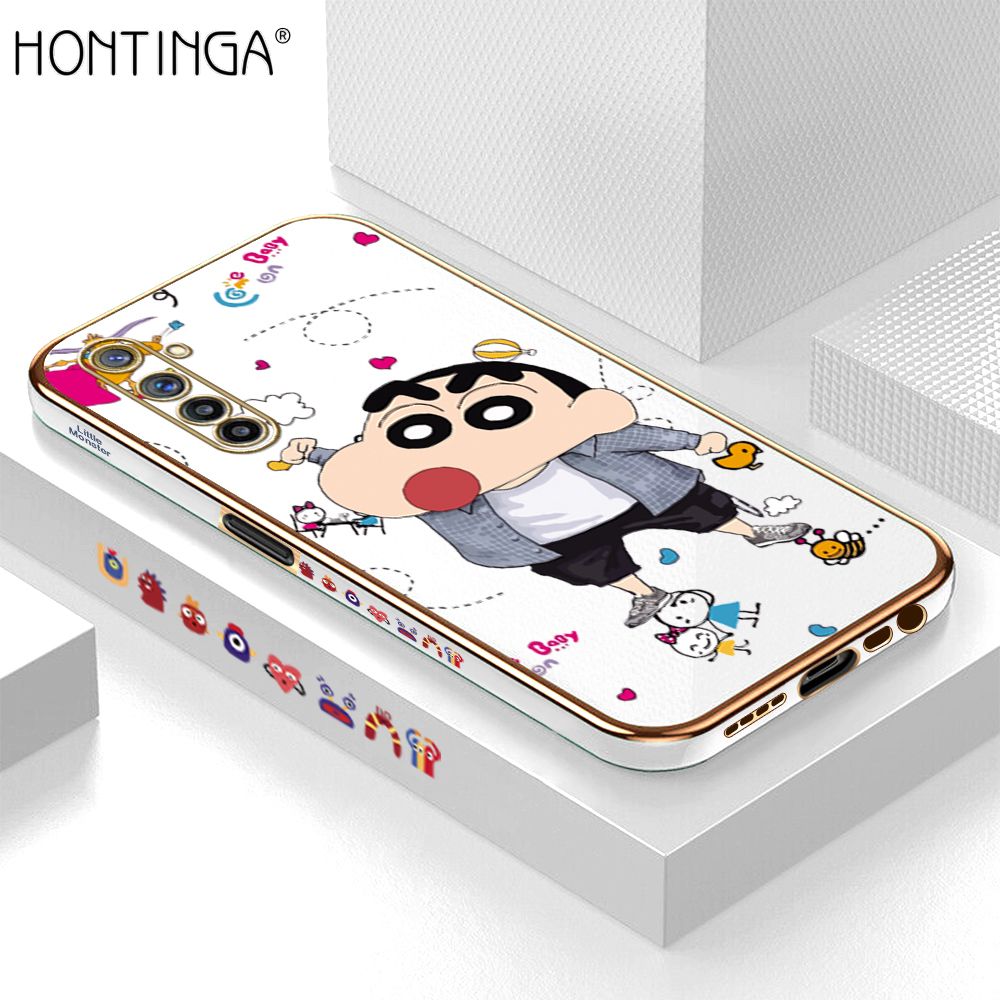 Hontinga for Realme 6 / Narzo Back Cover + Free Lanyard Luxury 6D Plating Cartoon Crayon Shin-chan Side Pattern Case Soft Silicone Square Phone Cases