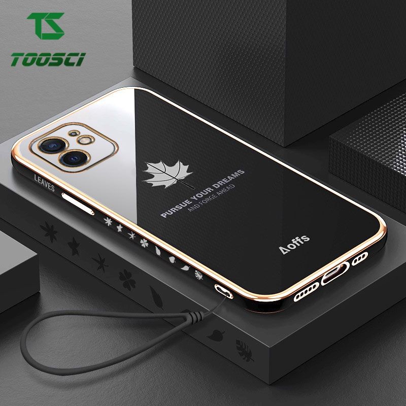 Toosci Maple Leaf Phone Case For OPPO A95 5G Luxury Chrome Gold Plated Soft TPU Square Case + Lanyard