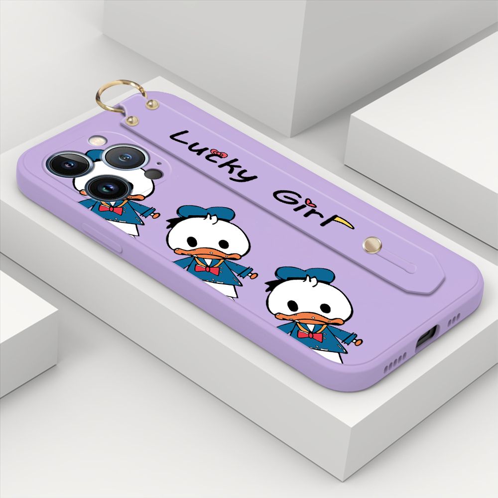 ZeroQiQi for iPhone 13 Pro Wrist Strap Case Cute Cartoon Little Duck Phone Case Square Edge Liquid Silicone Case Full Cover Camera Shockproof Protective Cases