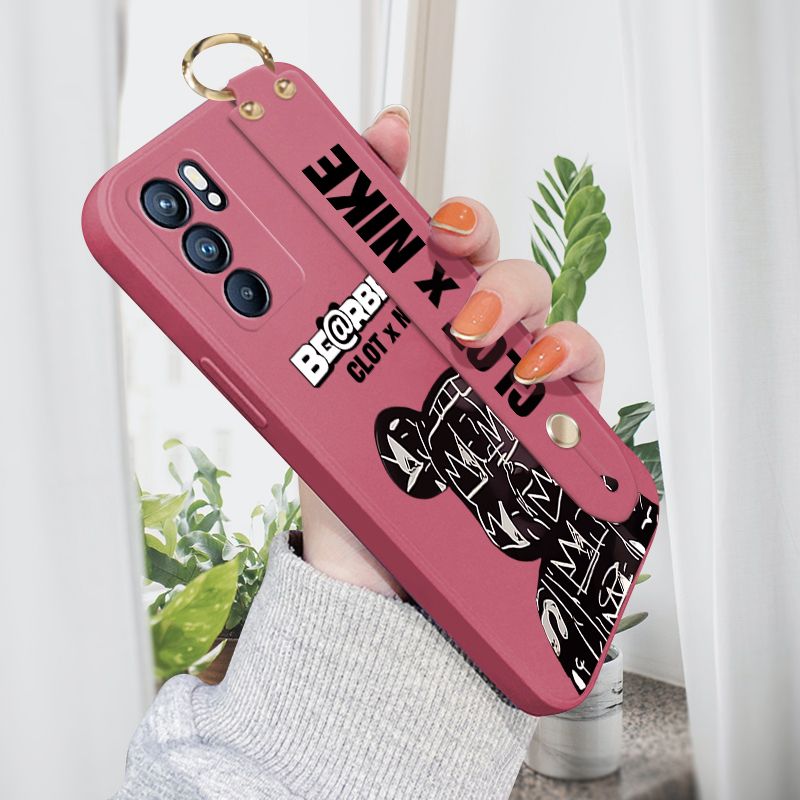 Jizetin for OPPO Reno6 5G Wrist Strap Case Creative Cartoon Black Stitching Bear Cover Ultra Thin Anti Fall Liquid Silicone Phone Case