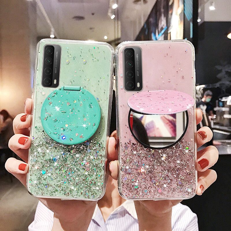Phone case Huawei Y7A Shiny Ring Case Glitter Soft Transparent Makeup Mirror Cases For Huawei Y7A Back Cover Stars Moon Girls