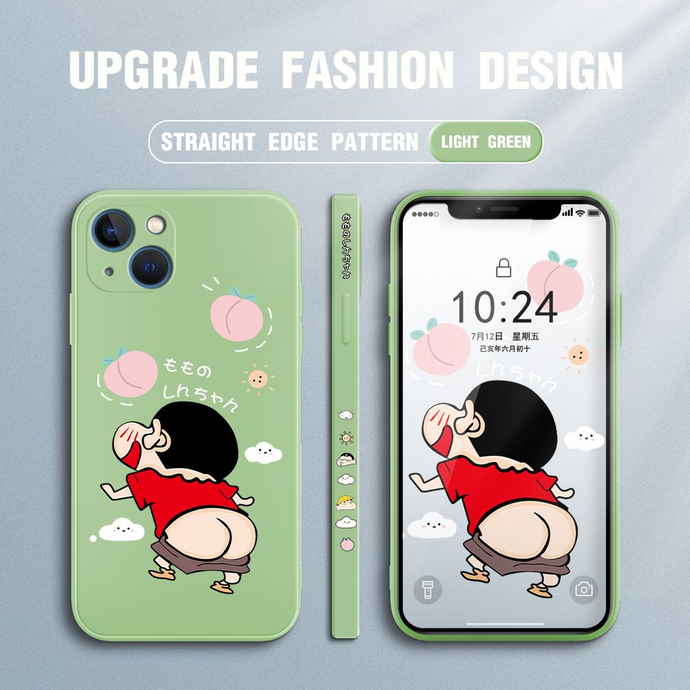 Jizetin for iPhone 13 Mini Case New Cartoon Crayon Shin-chan Design Side Design Phone Case Square Edge Pattern Liquid Silicone Cases Full Cover Camera Shockproof Protective Case