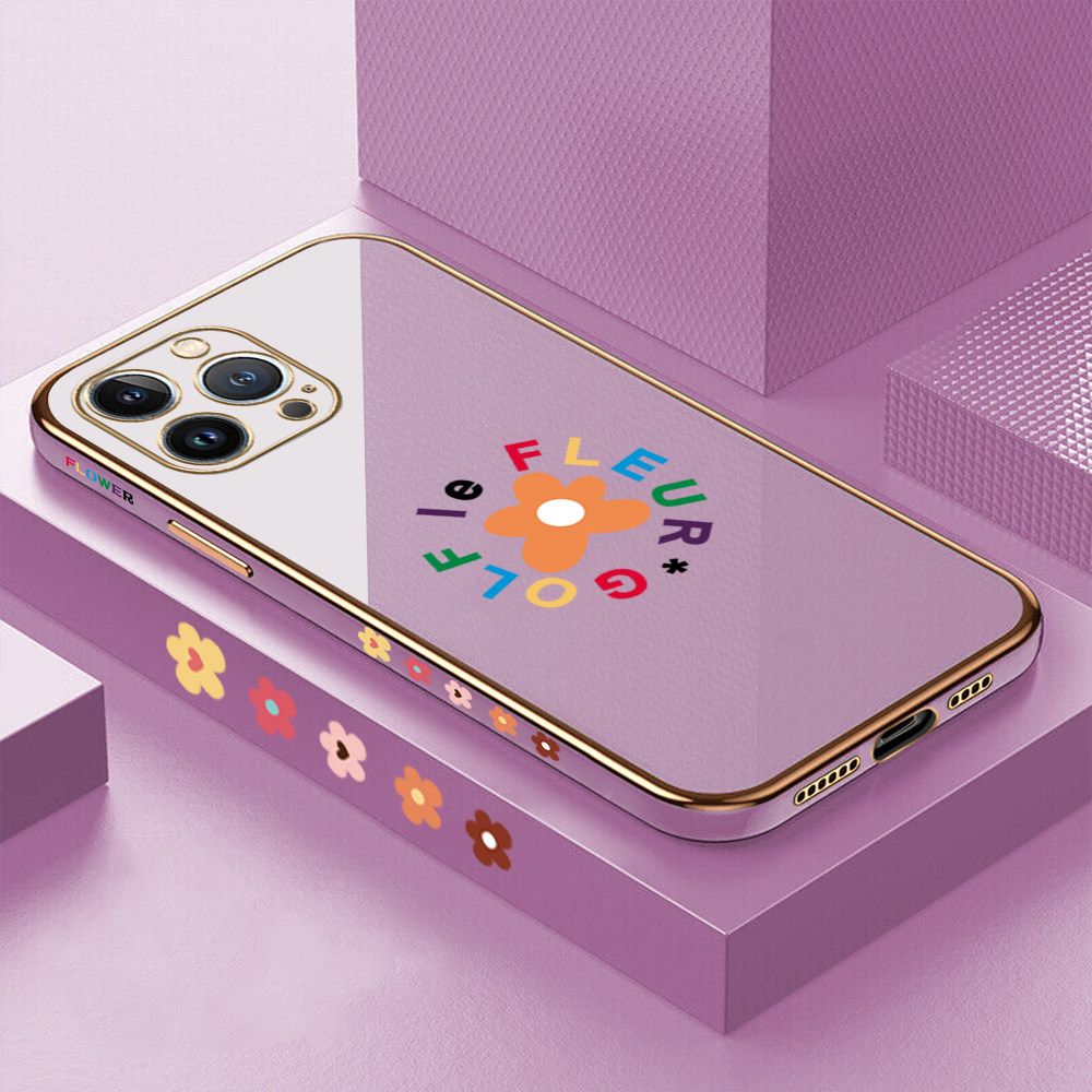Luxury 6D Plating Case for iPhone 13 Pro Max Cartoon Flower Side Pattern Back Cover Soft Silicone Square Frame Shiny Bling Phone Cases + Free Lanyard