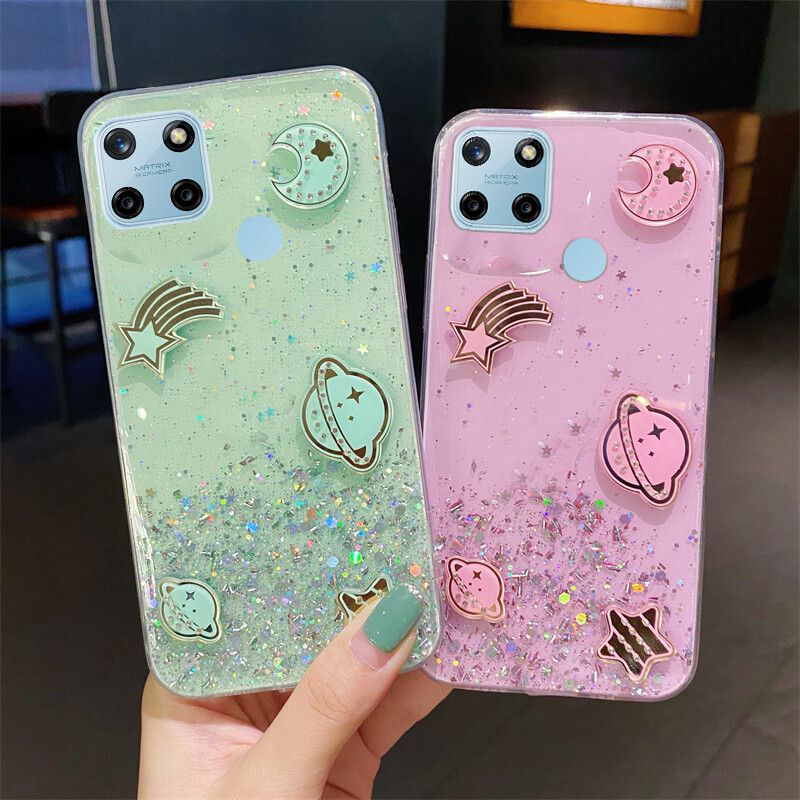 Phone case Realme C25Y Shiny Ring Case Glitter Soft Transparent Space Planet Cases For Realme C25Y Back Cover Stars Moon Girls