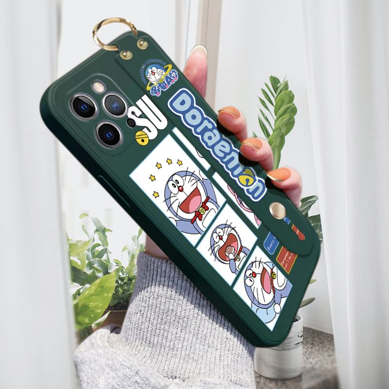 Jizetin for iPhone 12 Pro Wrist Strap Case Creative Cartoon Doraemon's Daily Life Cover Ultra Thin Anti Fall Liquid Silicone Phone Case