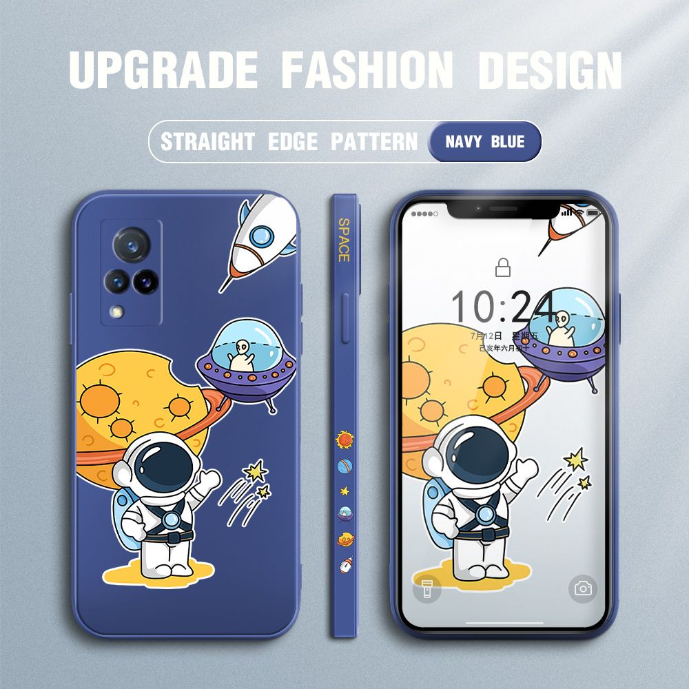 Jizetin for Vivo V21 5G Case Side Design Phone Cover Moon Space Astronaut Cover Square Edge Pattern Liquid Silicone Trend Case