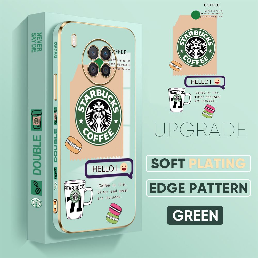 Jizetin (Free Lanyard) Honor 50 Lite / Huawei Nova 8i Back Cover Two Coffee Macaron Luxury 6D Plating Case Side Pattern Soft Silicone Square Mobile Phone Cases