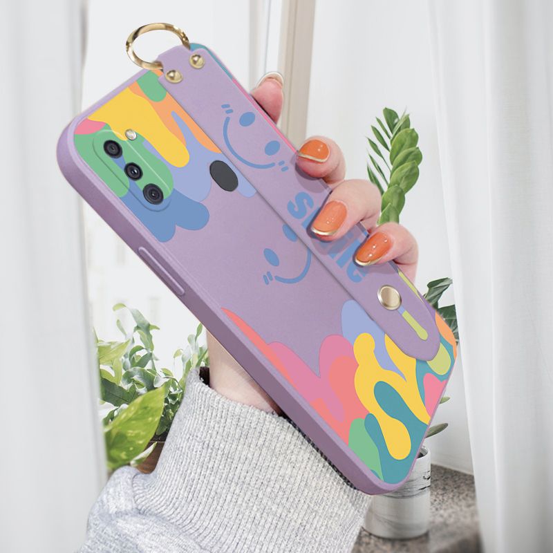 Jizetin for Samsung Galaxy A11 / M11 Wrist Strap Case Soft Candy Color Splash Ink Cover Ultra Thin Anti Fall Liquid Silicone Phone Case