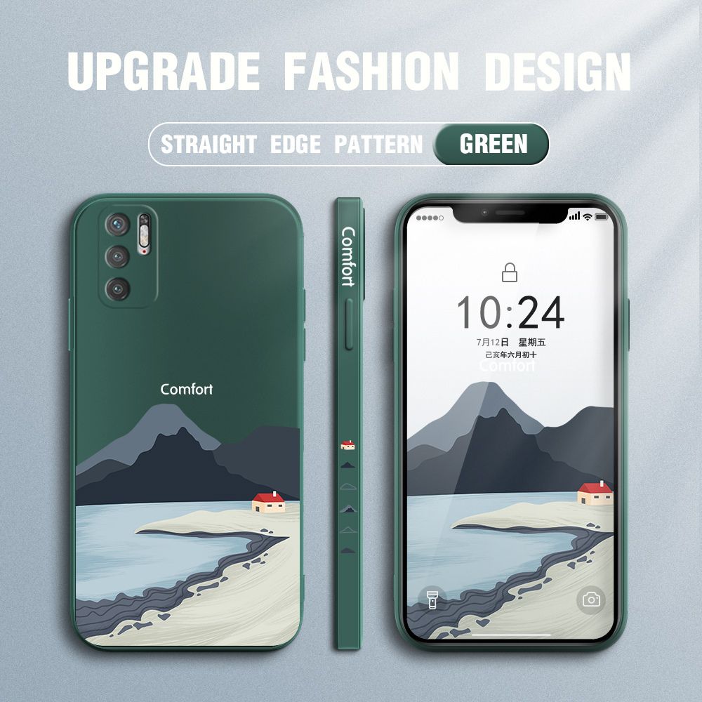 Jizetin for Xiaomi Poco M3 Pro 5G / 4G / Redmi Note 10 5G Case Mount Fuji Design Side Design Phone Case Square Edge Pattern Liquid Silicone Cases Full Cover Camera Shockproof Protective Case