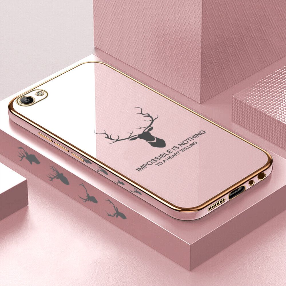 Luxury 6D Plating Case for Vivo V5S Alphabet Lucky Deer Side Pattern Back Cover Soft Silicone Square Frame Shiny Bling Phone Cases + Free Lanyard