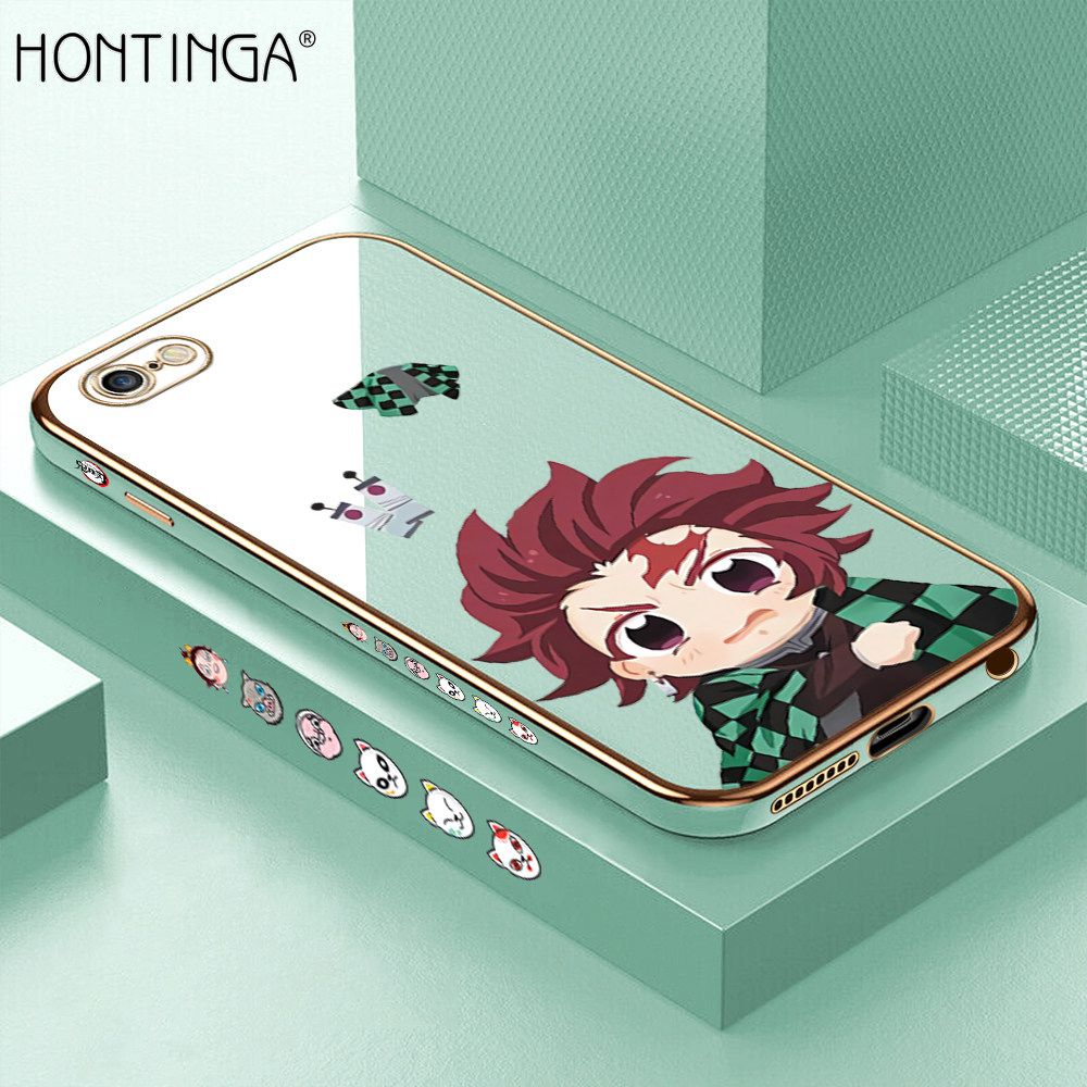 Hontinga for iPhone 6 6s Back Cover + Free Lanyard Luxury 6D Plating Cartoon Anime Tanjirou Side Pattern Case Soft Silicone Square Mobile Cover