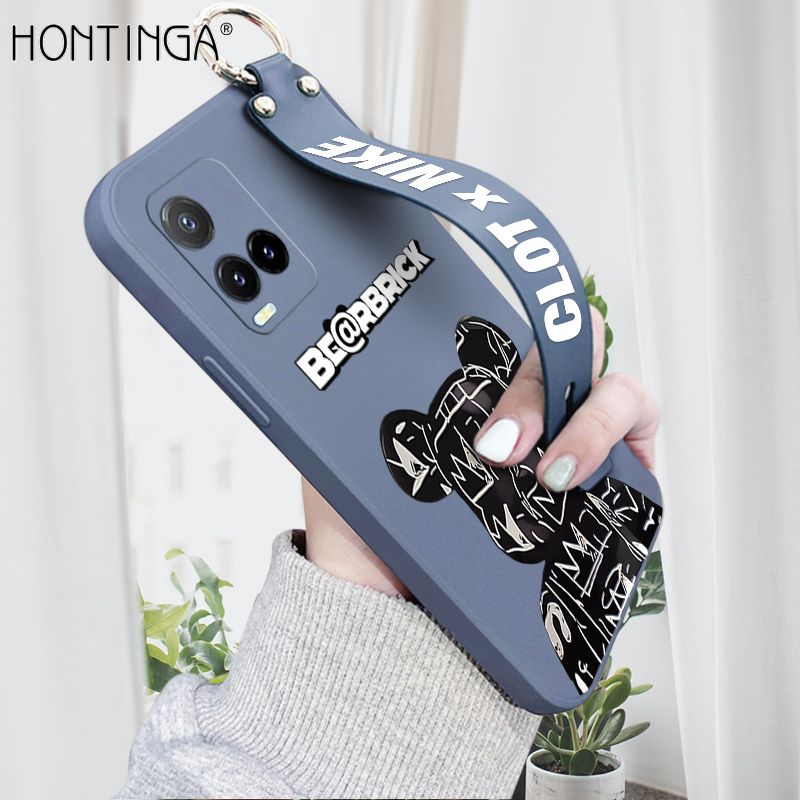 Hontinga for Vivo Y33S Wrist Strap Case Fashion Cool Bear Cover Trend Square Printed Pattern Liquid Silicone Phone Case