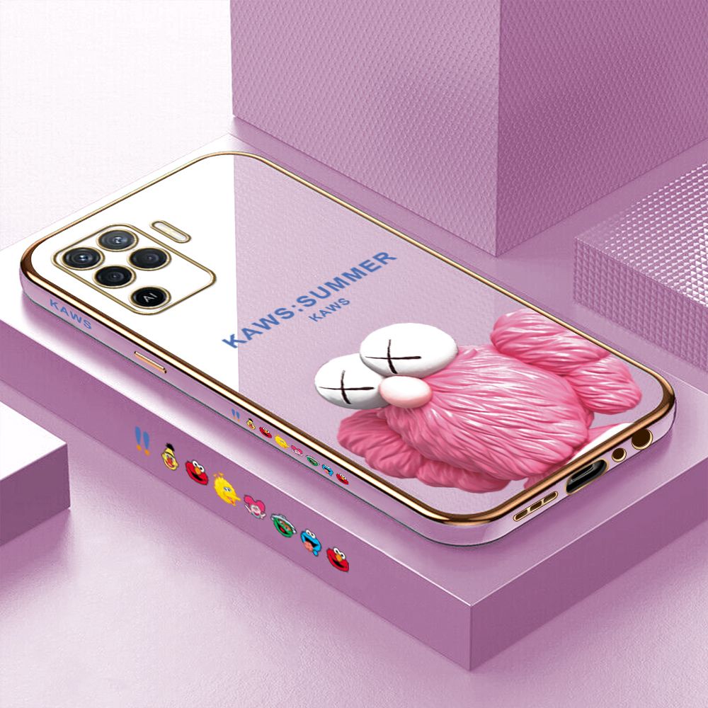 Luxury 6D Plating Case for OPPO F19 Pro A94 Pink Doll Side Pattern Back Cover Soft Silicone Square Phone Cases + Free Lanyard