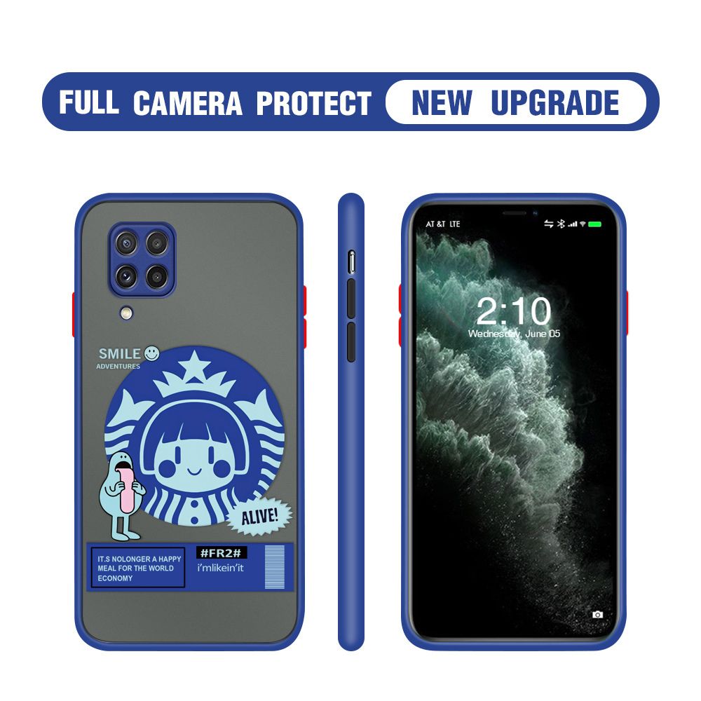 Hontinga for Samsung Galaxy A22 4G M22 Case Cute Coffee Girl Camera Shockproof Protection Casing Edge Frosted Transparent Phone Cover