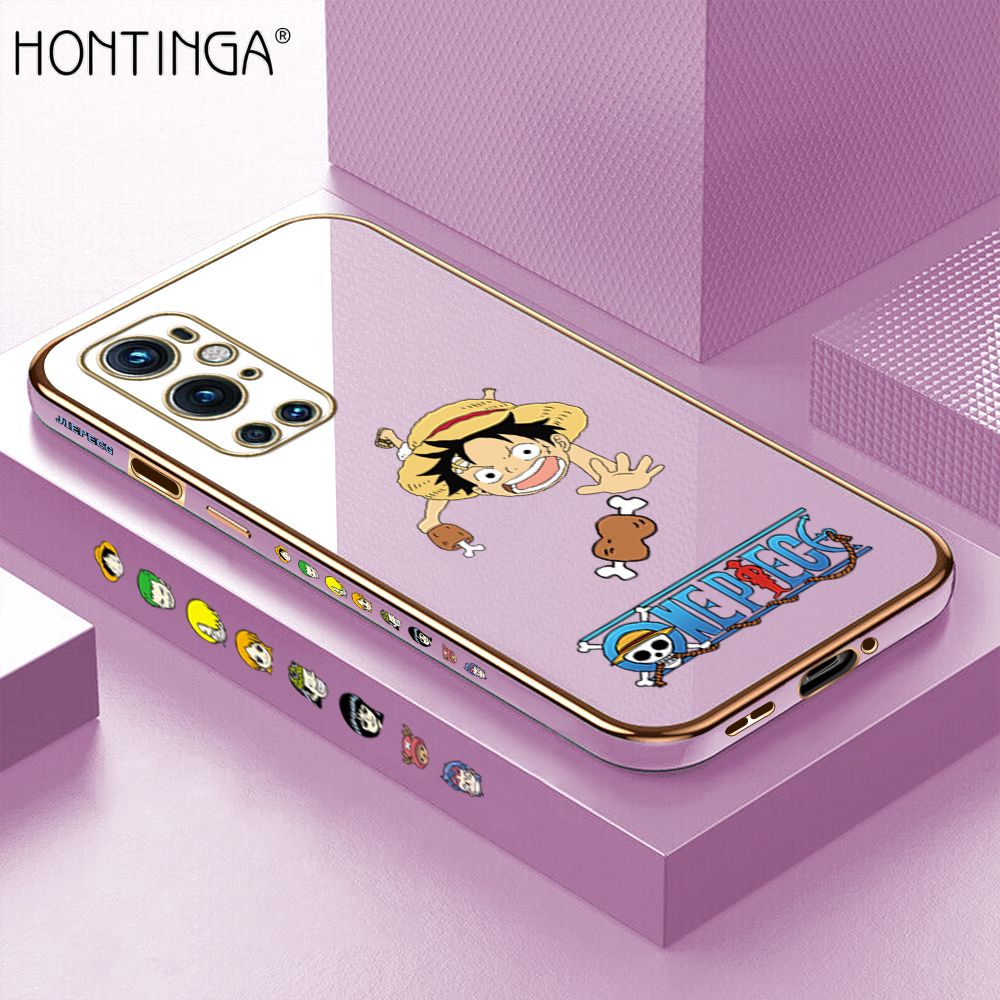 Hontinga for OnePlus 9 Pro Back Cover + Free Lanyard Luxury 6D Plating Cartoon Meaty Luffy Side Pattern Case Soft Silicone Square Mobile Cover