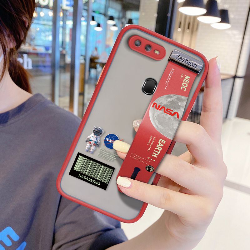 UCUC for OPPO A7 Wrist Strap Case Creative Cartoon Astronaut Wristband Printing Cover Shockproof Frosted Phone Case
