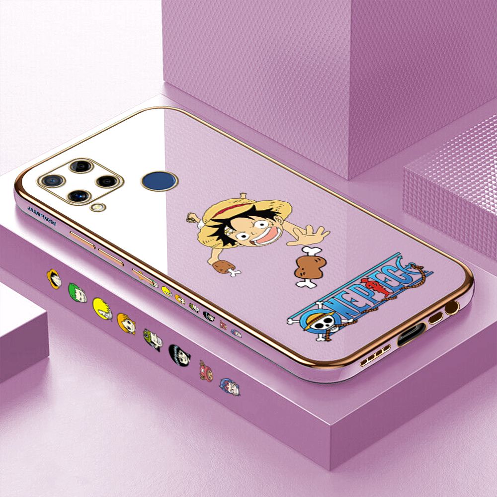 Luxury 6D Plating Case for Realme C15 Cartoon Meaty Luffy Side Pattern Back Cover Soft Silicone Square Phone Cases + Free Lanyard