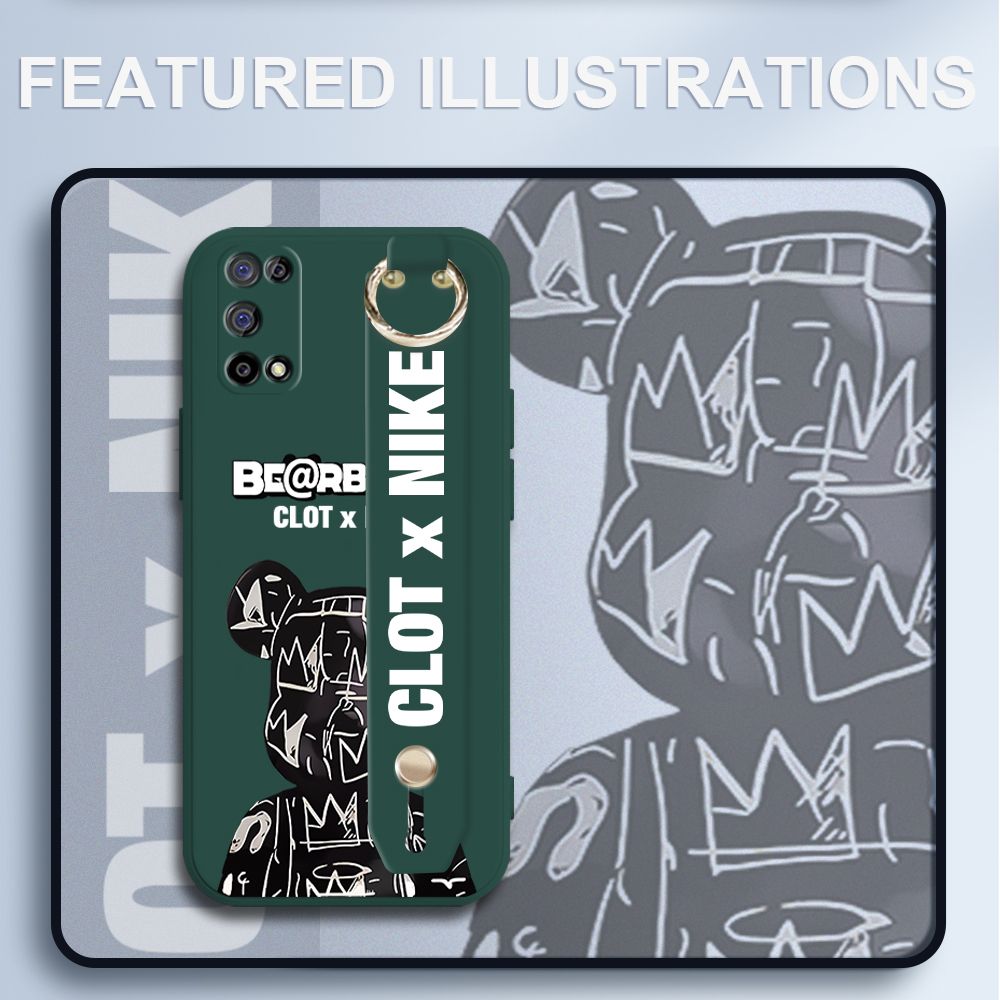 UCUC for Realme 7 5G Wrist Strap Case Creative Cartoon Black Stitching Bear Cover Ultra Thin Anti Fall Liquid Silicone Phone Case