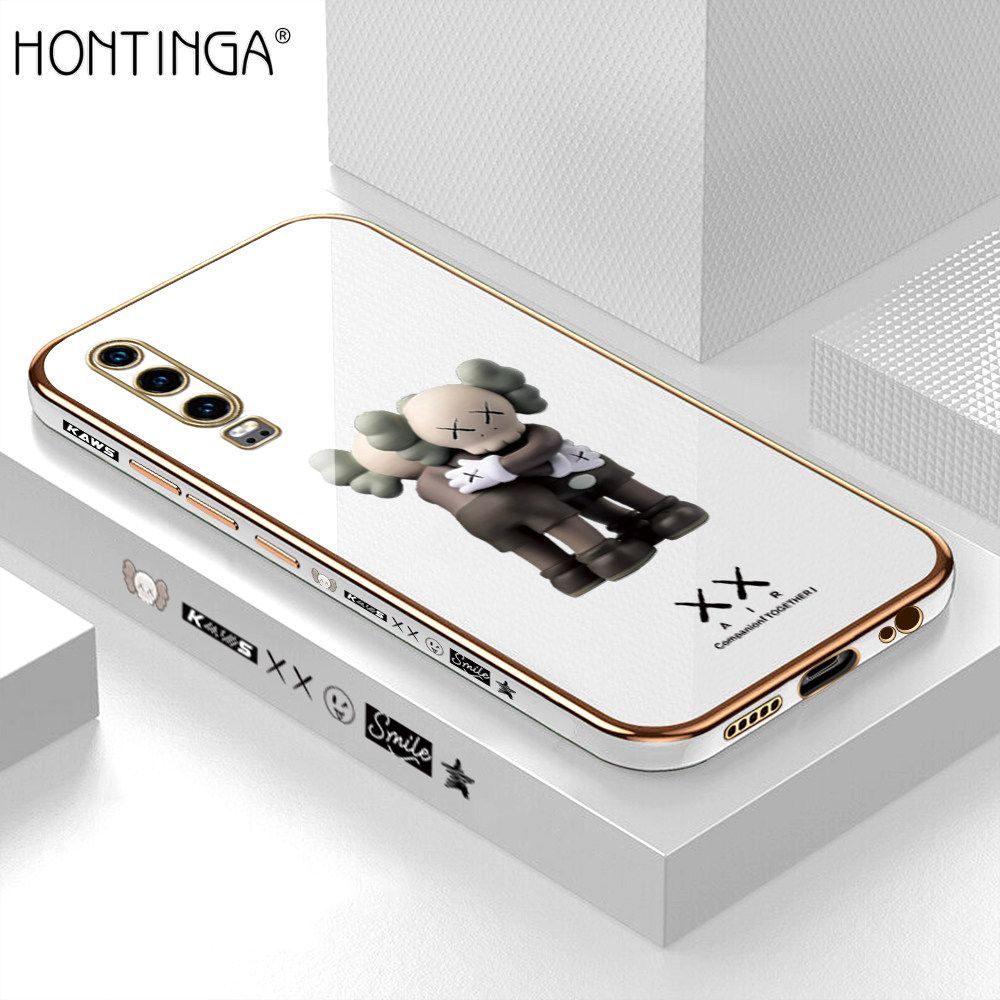 Hontinga for Huawei P30 Back Cover + Free Lanyard Luxury 6D Plating Cartoon Hug bear Side Pattern Case Soft Silicone Square Mobile Cover