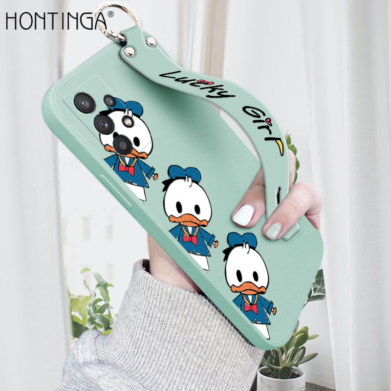 Hontinga for Samsung Galaxy A32 Wrist Strap Case Cute Cartoon Little Duck Phone Case Square Edge Liquid Silicone Case Full Cover Camera Shockproof Protective Cases