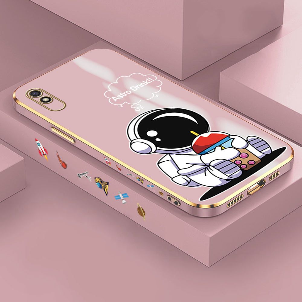 Jizetin (Free Lanyard) Redmi 9A Case Cute Cartoon Drink Astronaut Luxury 6D Plating Soft Casing Silicone Ultra Thin Phone Cover