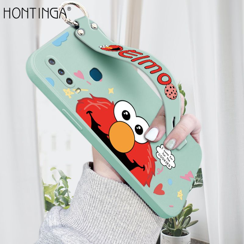 Hontinga for Vivo Y17 Y15 Y12 Wrist Strap Case Cute Cute Cartoon Little Monster Phone Cover Square Edge Liquid Silicone Case Full Cover Camera Shockproof Protective Cases