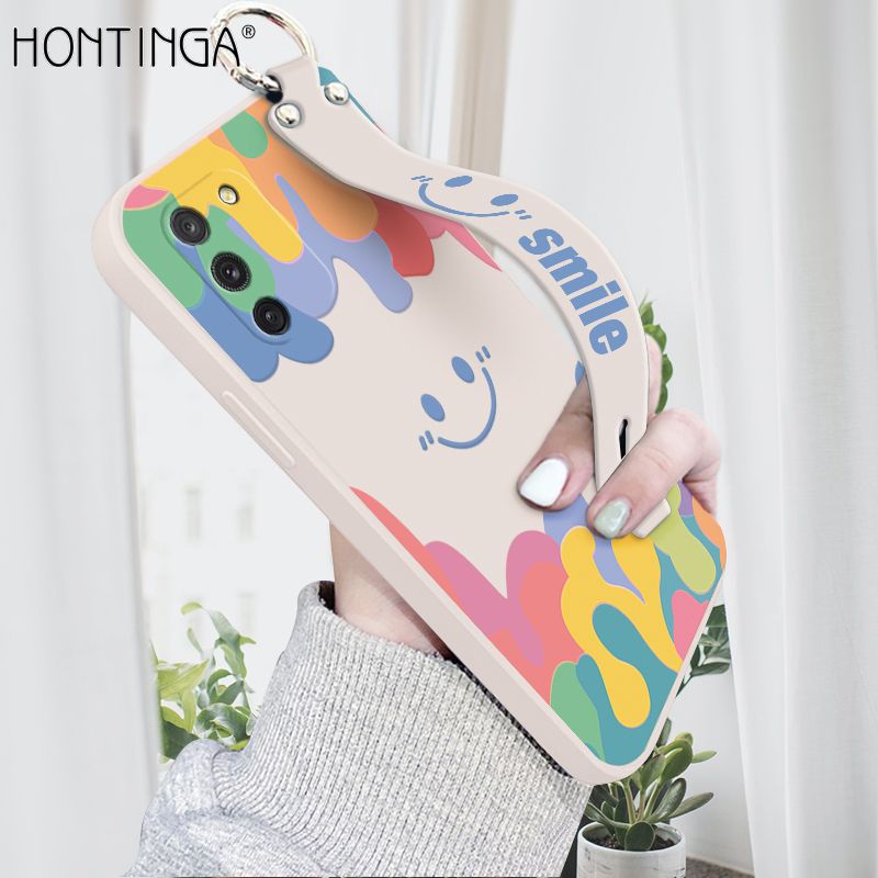 Hontinga for Samsung Galaxy S10 Lite Wrist Strap Case Soft Candy Color Splash Ink Cover Trend Square Printed Pattern Liquid Silicone Phone Case