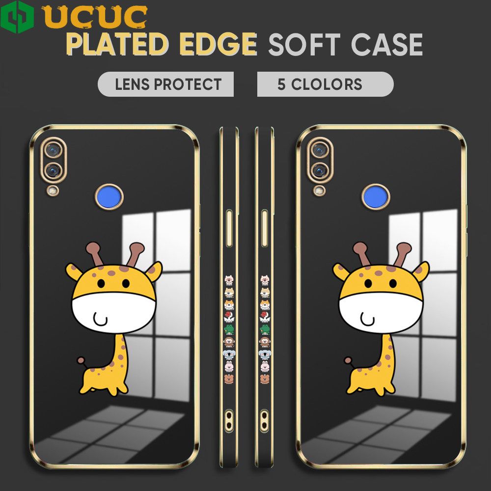UCUC for Huawei Nova 3i P Smart Plus Back Cover + Free Lanyard Big Head Giraffe Luxury 6D Plating Case Side Pattern Soft Silicone Square Phone Cases