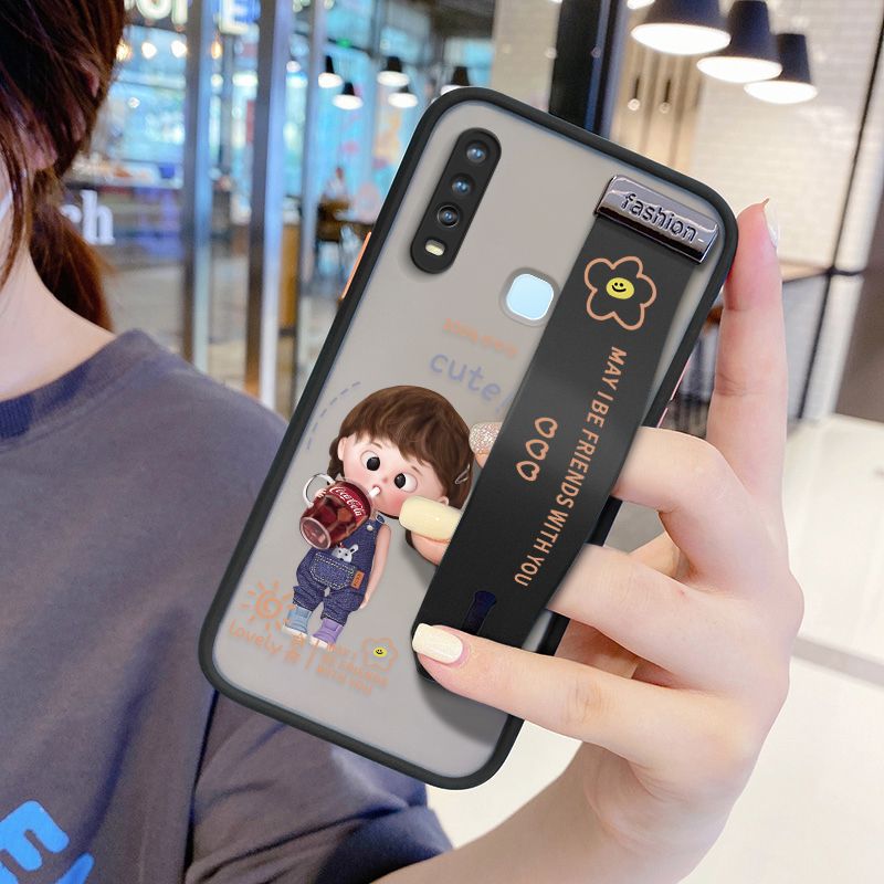UCUC for Vivo Y12 Wrist Strap Case Girl Drinking Cola Wristband Printing Cover Shockproof Ultra Thin Phone Case