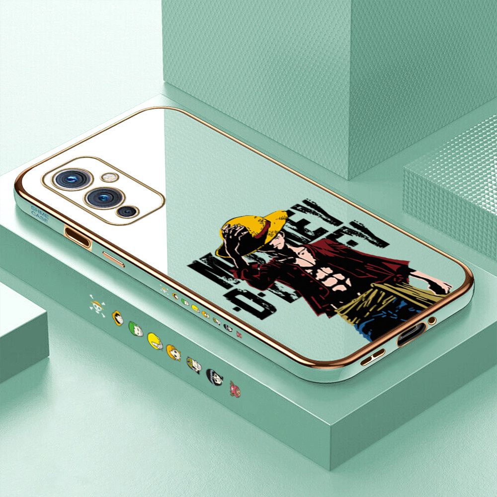 Luxury 6D Plating Case for OnePlus 9 Anime Cartoon Cool Luffy Side Pattern Back Cover Soft Silicone Square Frame Shiny Bling Phone Cases + Free Lanyard
