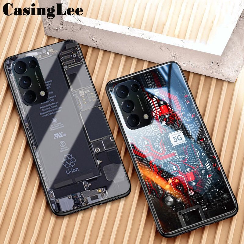For OPPO Reno 5 case Explorer Version Theme Case Tempered Glass Protector Back Cover for OPPO Reno5 Clear Circuit Board Design Full Coverage Phone cases
