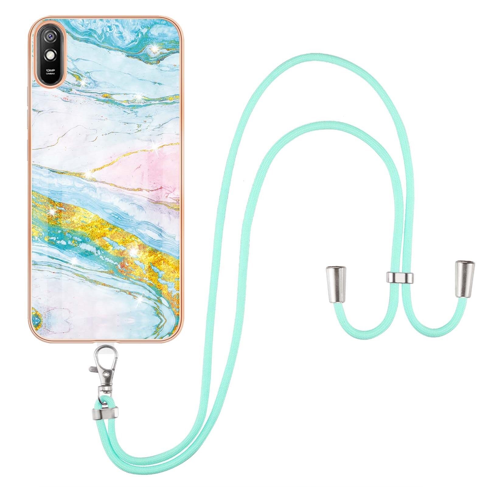 Lanyard Case for Xiaomi Redmi 9A Crossbody Strap Lanyard Phone Case Silicone Marble Pattern Soft TPU Bumper Cover