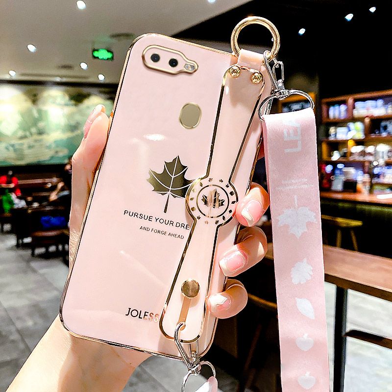 For OPPO F9 / OPPO F9 Pro Back Cover with Lanyard + Wristband Fashion Shiny Maple Leaf Plating Bumper Stand Holder Case Camera Protection Soft Silicone Mobile Phone Cases