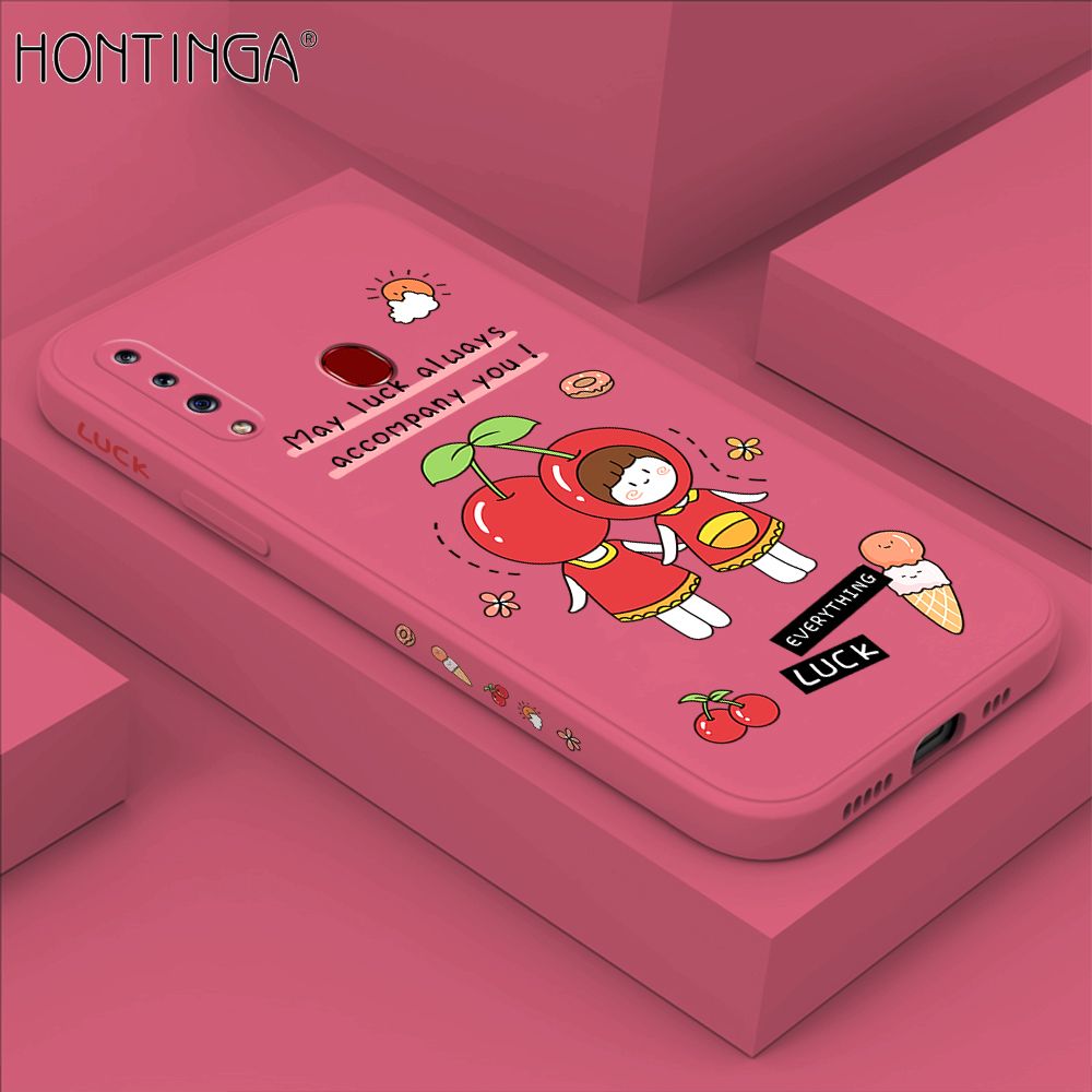 Hontinga for Samsung A20S Case Side Design Cute Cherry Girl Back Cover Soft Square Edge Pattern Liquid Silicone Trend Phone Cases