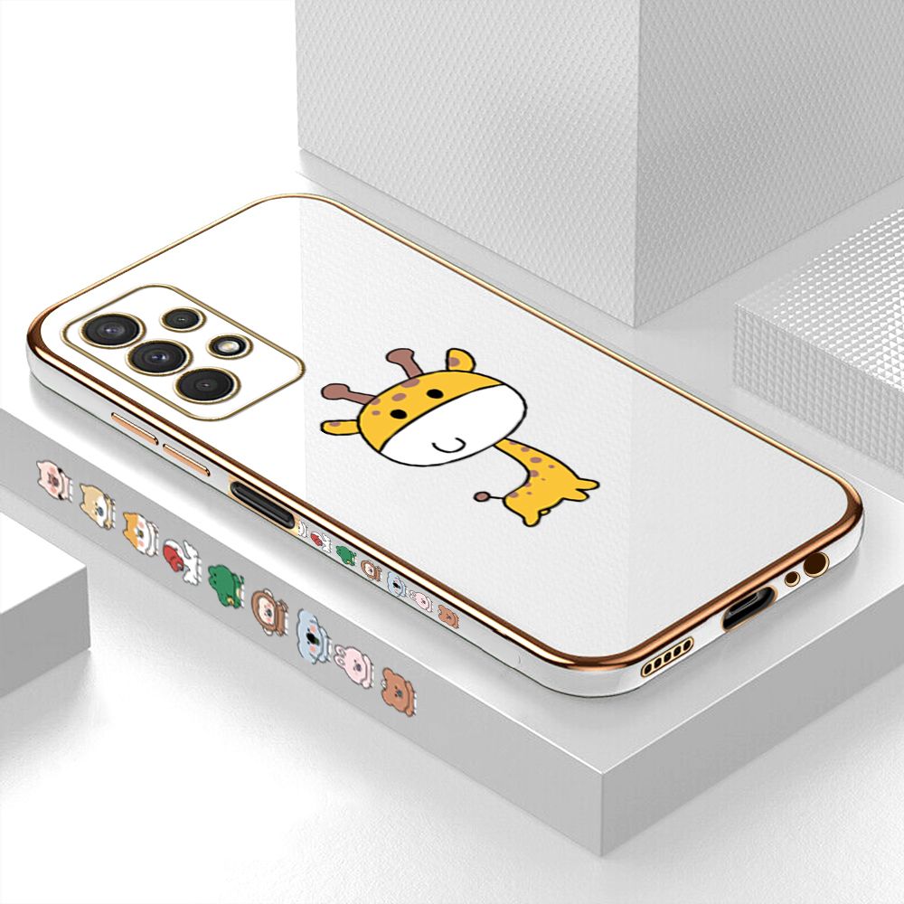 Luxury 6D Plating Case for Samsung A32 5G Cute Giraffe Side Pattern Back Cover Soft Silicone Square Phone Cases + Free Lanyard