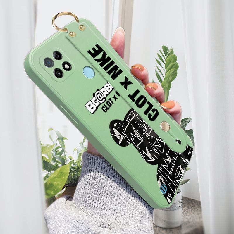 Jizetin for Realme C21 Wrist Strap Case Creative Cartoon Black Stitching Bear Cover Ultra Thin Anti Fall Liquid Silicone Phone Case