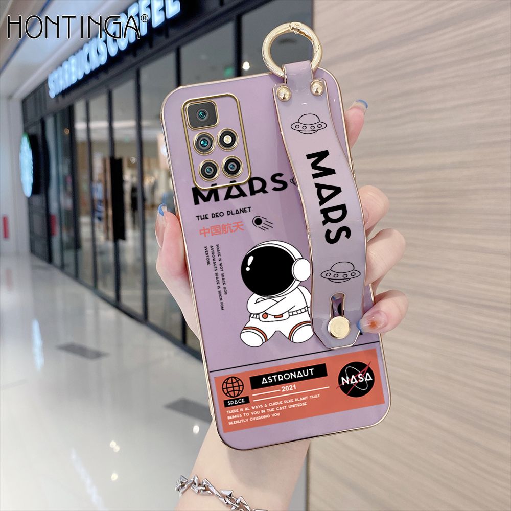 Hontinga for Redmi 10 Back Cover With Wristband Luxury 6D Plating Cute Space Astronaut  Case Soft Silicone Square Phone Cases