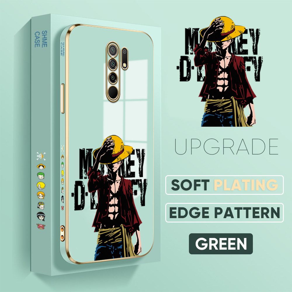 TA for Xiaomi Poco M2 / Redmi 9 Back Cover + Free Lanyard Handsome Luffy Luxury 6D Plating Case Side Pattern Soft Silicone Square Phone Cases